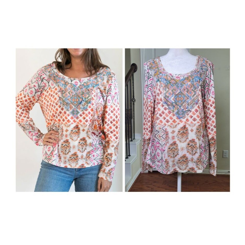 SUNDANCE Long Sleeve Top Pink Women M Embroidered Patchwork Print Boho Floral